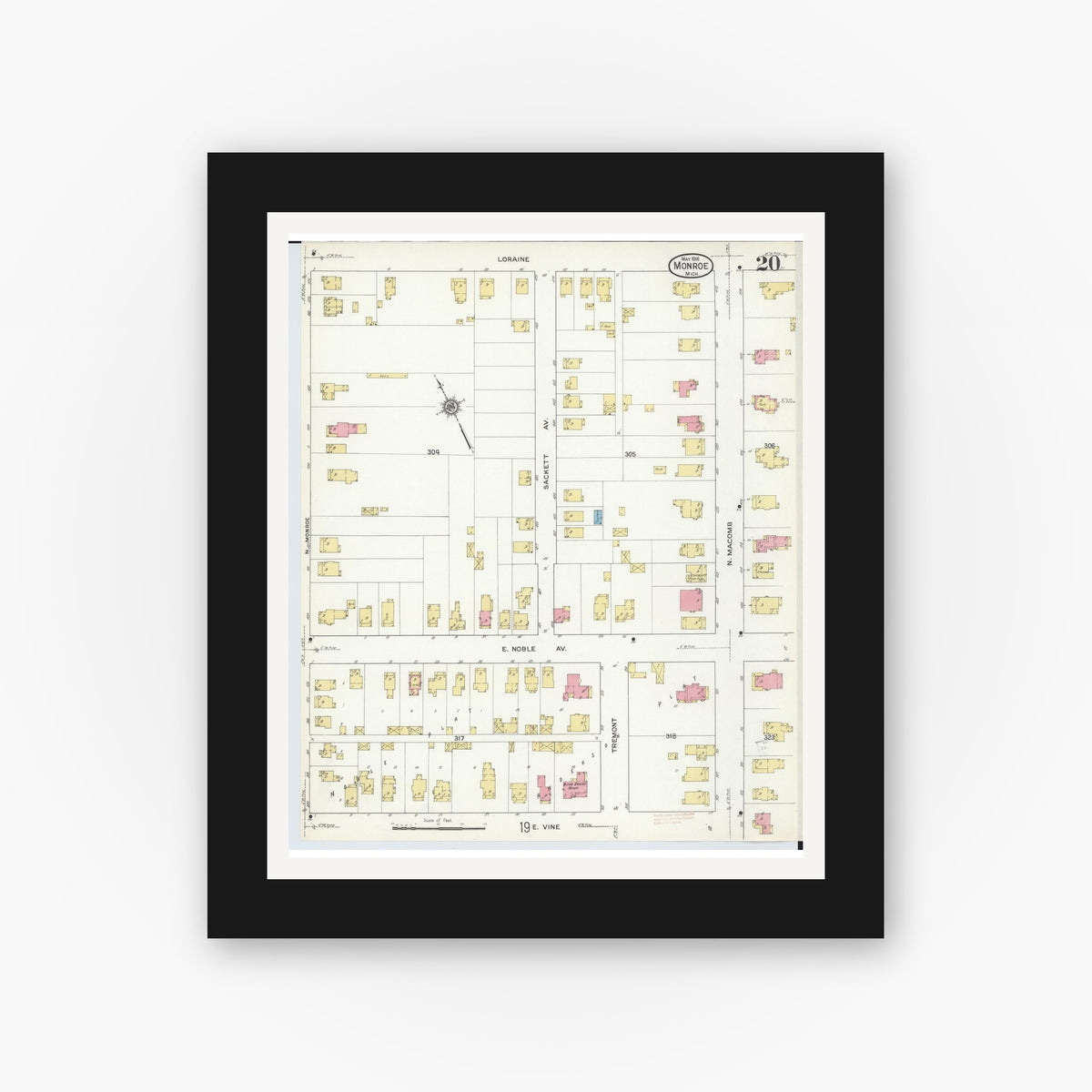 Old map wall art mockup — black gallery frame with white mat — Sanborn Fire Insurance Map from Monroe, Monroe County, Michigan (1916), Sheet #0020