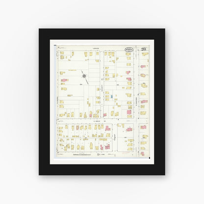 Old map wall art mockup — black gallery frame with white mat — Sanborn Fire Insurance Map from Monroe, Monroe County, Michigan (1916), Sheet #0020