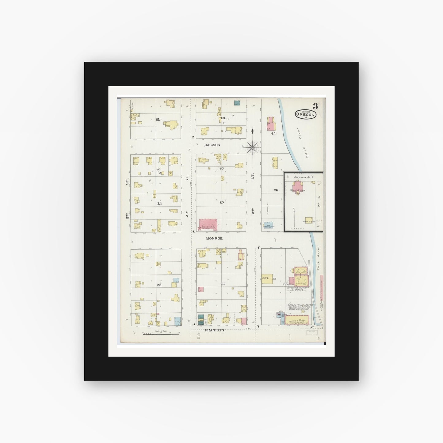 Old map wall art mockup — black gallery frame with white mat — Sanborn Fire Insurance Map from Oregon, Ogle County, Illinois (1893), Sheet #0003