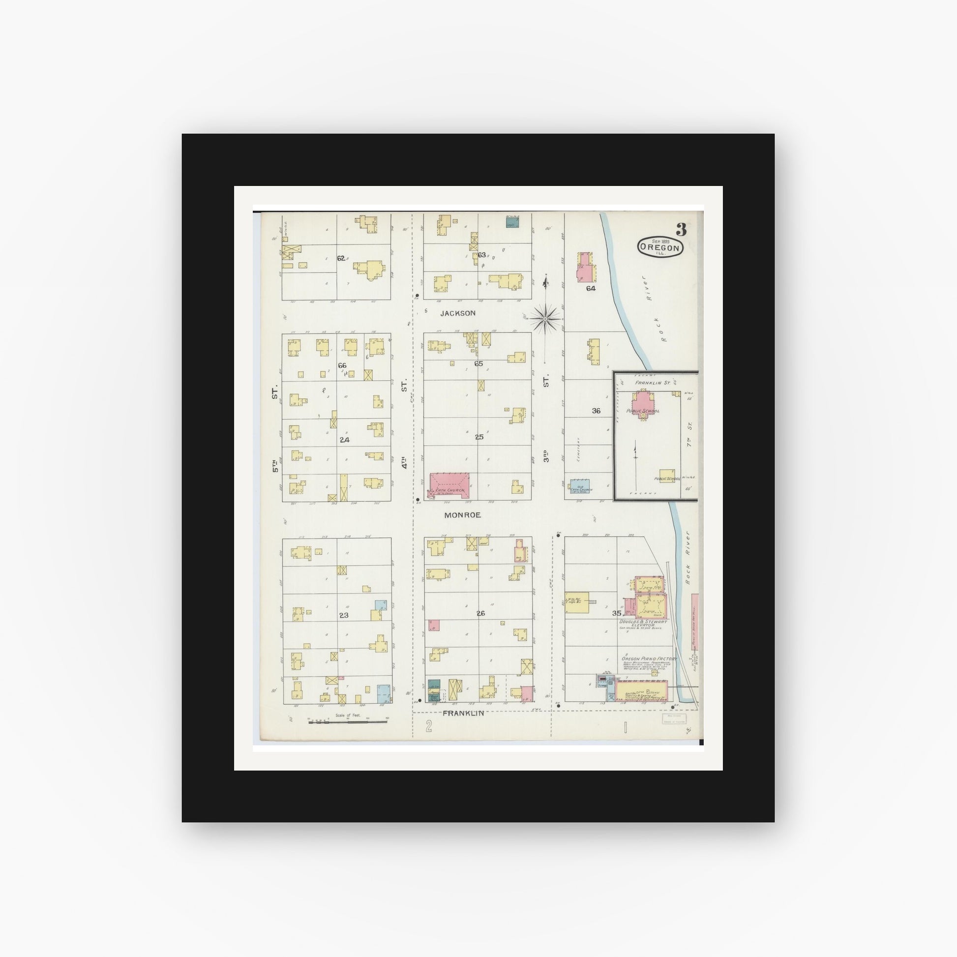 Old map wall art mockup — black gallery frame with white mat — Sanborn Fire Insurance Map from Oregon, Ogle County, Illinois (1893), Sheet #0003
