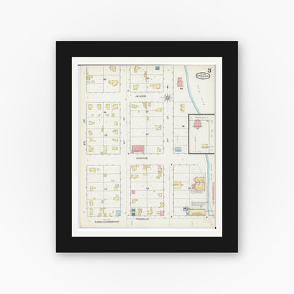 Old map wall art mockup — black gallery frame with white mat — Sanborn Fire Insurance Map from Oregon, Ogle County, Illinois (1893), Sheet #0003