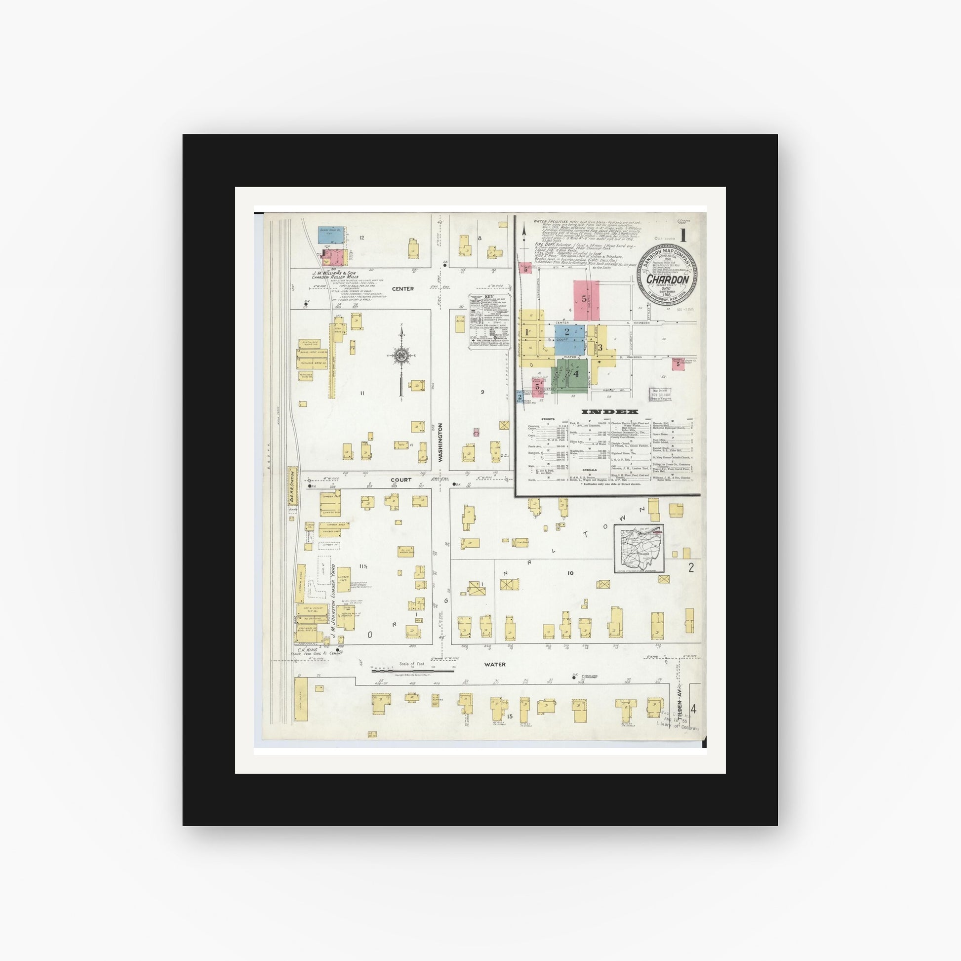 Old map wall art mockup — black gallery frame with white mat — Sanborn Fire Insurance Map from Chardon, Geauga County, Ohio (1918) - Complete Map Set