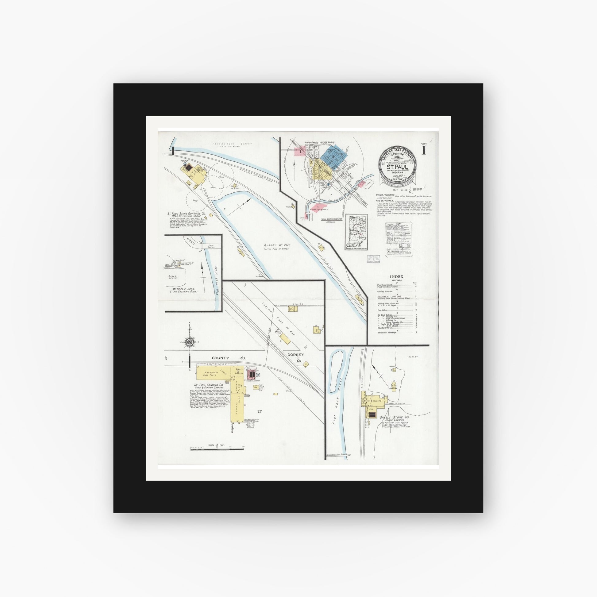 Old map wall art mockup — black gallery frame with white mat — Sanborn Fire Insurance Map from Saint Paul, Shelby And Decatur Counties, Indiana (1927) - Complete Map Set