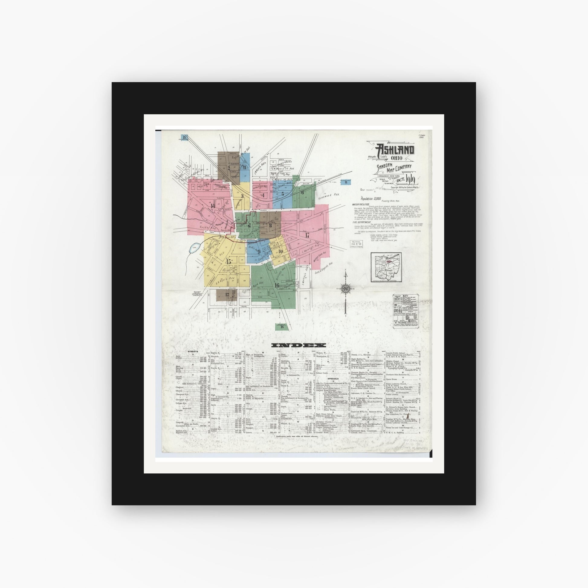 Old map wall art mockup — black gallery frame with white mat — Sanborn Fire Insurance Map from Ashland, Ashland County, Ohio (1919), Sheet #0001