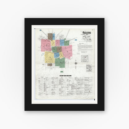 Old map wall art mockup — black gallery frame with white mat — Sanborn Fire Insurance Map from Ashland, Ashland County, Ohio (1919), Sheet #0001