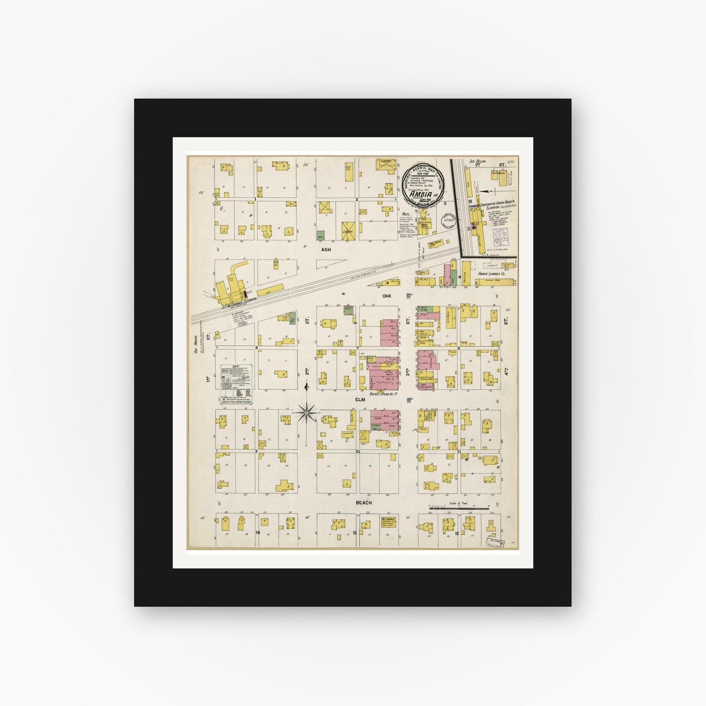 Old map wall art mockup — black gallery frame with white mat — Sanborn Fire Insurance Map from Ambia, Benton County, Indiana (1901), Sheet #0001