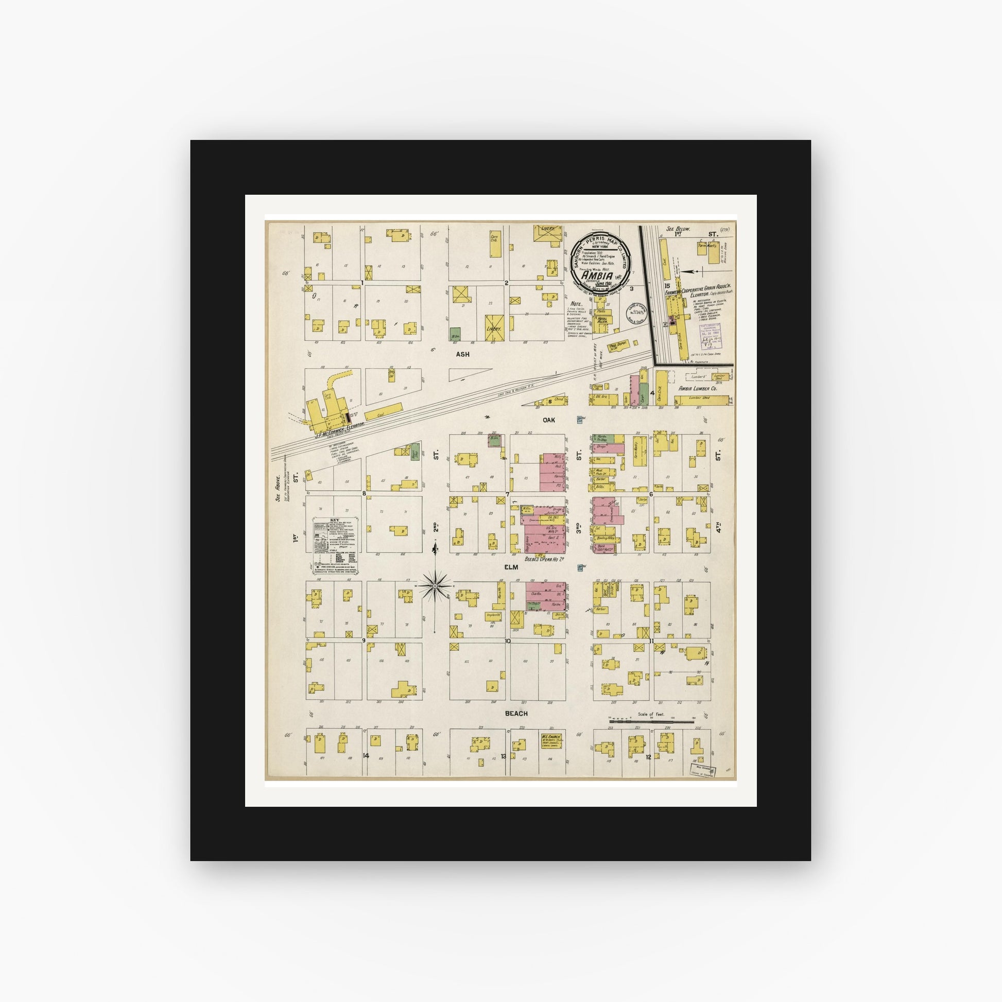 Old map wall art mockup — black gallery frame with white mat — Sanborn Fire Insurance Map from Ambia, Benton County, Indiana (1901), Sheet #0001