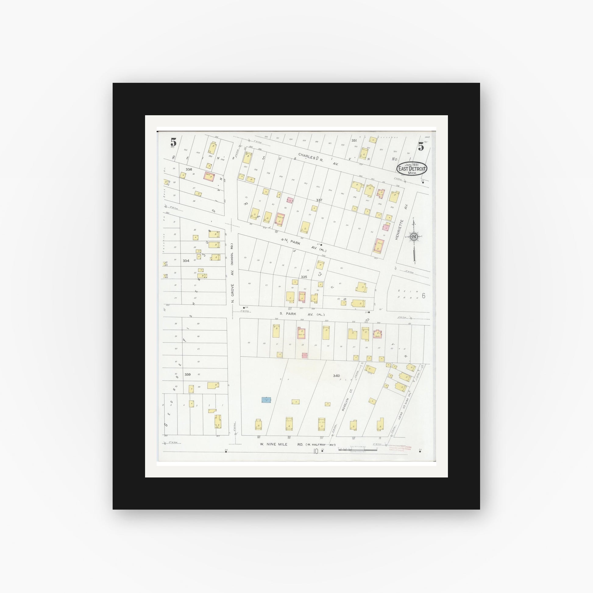 Old map wall art mockup — black gallery frame with white mat — Sanborn Fire Insurance Map from East Detroit, Macomb County, Michigan (1931), Sheet #0005