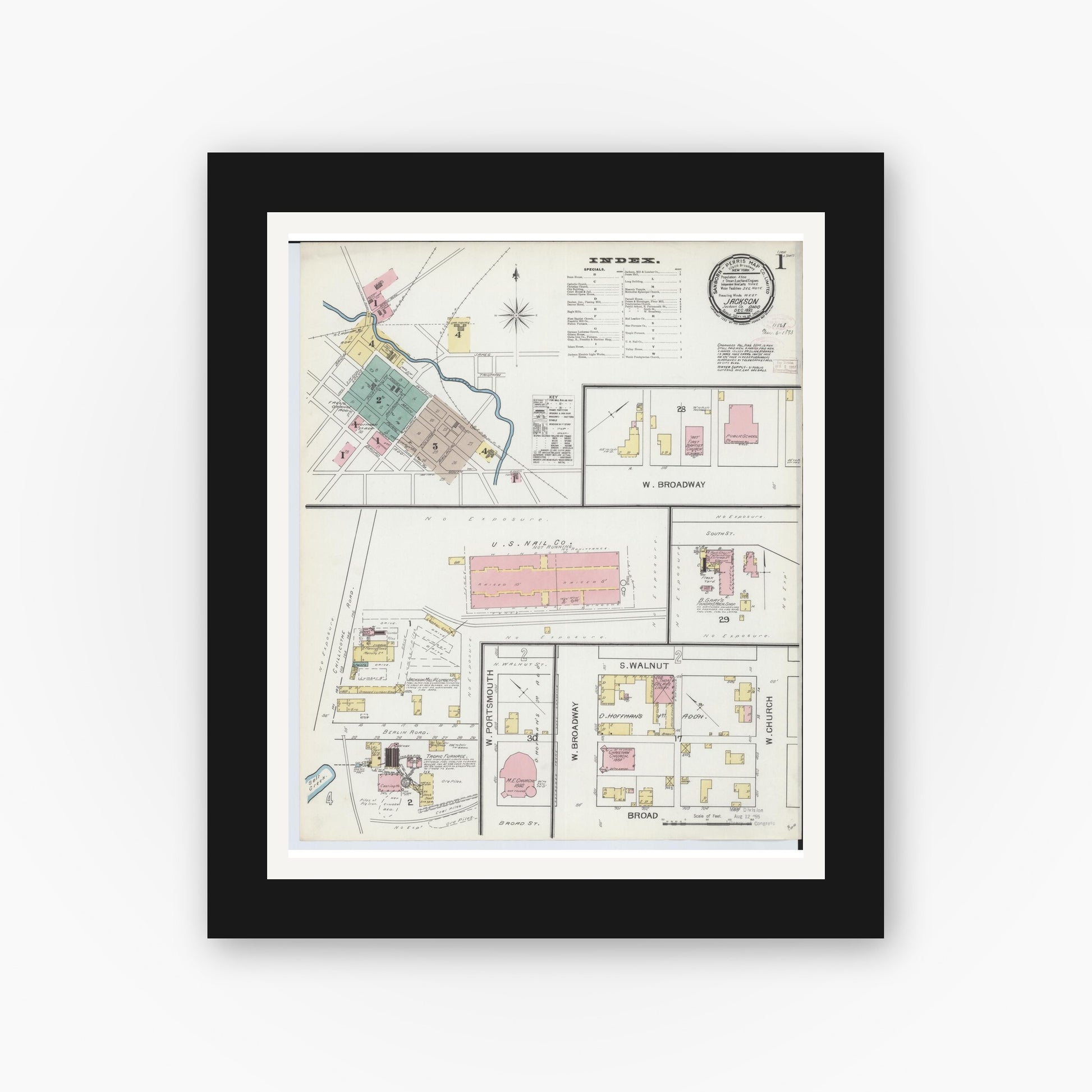Old map wall art mockup — black gallery frame with white mat — Sanborn Fire Insurance Map from Jackson, Jackson County, Ohio (1892) - Complete Map Set