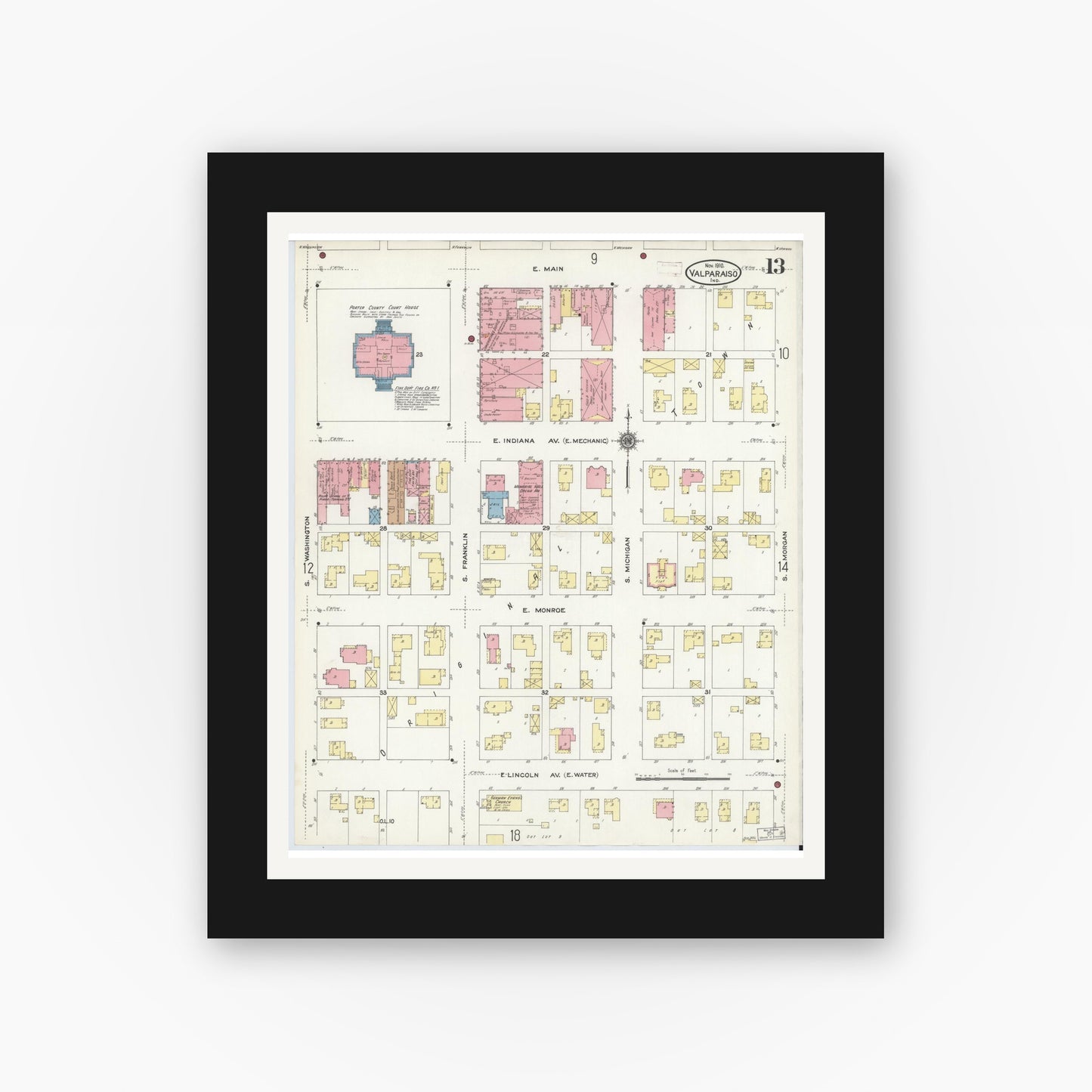 Old map wall art mockup — black gallery frame with white mat — Sanborn Fire Insurance Map from Valparaiso, Porter County, Indiana (1910), Sheet #0013