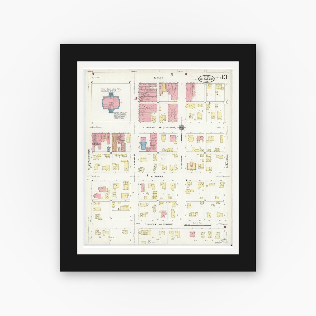 Old map wall art mockup — black gallery frame with white mat — Sanborn Fire Insurance Map from Valparaiso, Porter County, Indiana (1910), Sheet #0013