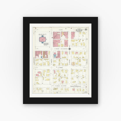 Old map wall art mockup — black gallery frame with white mat — Sanborn Fire Insurance Map from Valparaiso, Porter County, Indiana (1910), Sheet #0013