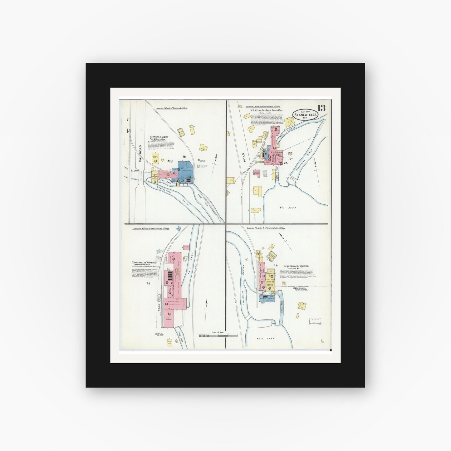 Old map wall art mockup — black gallery frame with white mat — Sanborn Fire Insurance Map from Skaneateles, Onondaga County, New York (1909), Sheet #0013