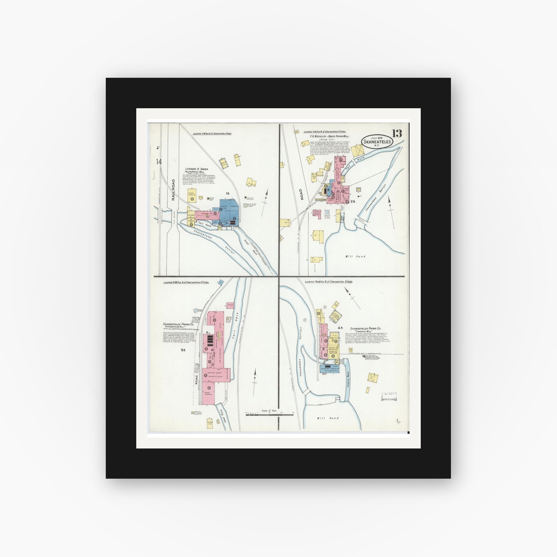 Old map wall art mockup — black gallery frame with white mat — Sanborn Fire Insurance Map from Skaneateles, Onondaga County, New York (1909), Sheet #0013