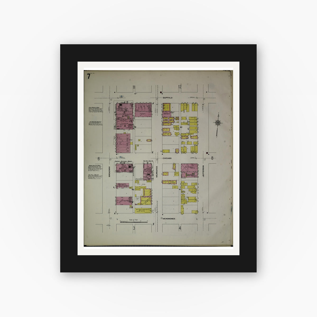 Old map wall art mockup — black gallery frame with white mat — Sanborn Fire Insurance Map from Milwaukee, Milwaukee County, Wisconsin (1910), Sheet #0007