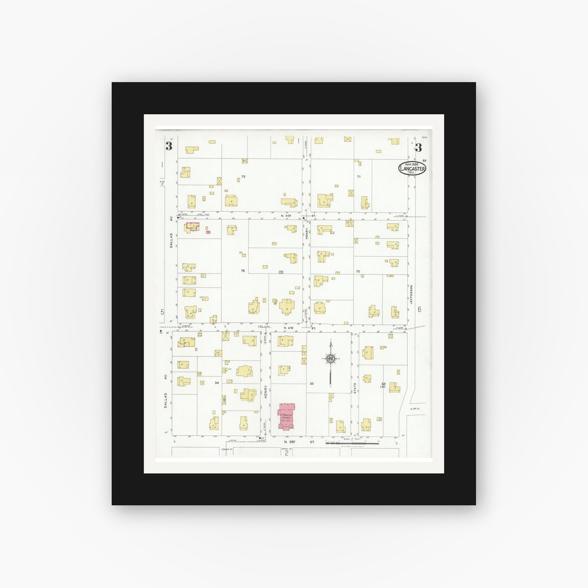 Old map wall art mockup — black gallery frame with white mat — Sanborn Fire Insurance Map from Lancaster, Dallas County, Texas (1928), Sheet #0003