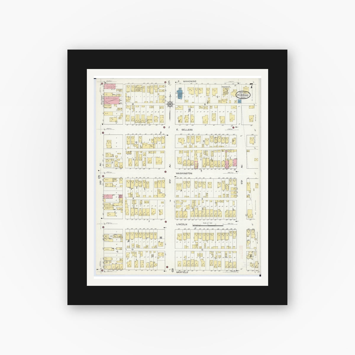 Old map wall art mockup — black gallery frame with white mat — Sanborn Fire Insurance Map from Hibbing, Saint Louis County, Minnesota (1913), Sheet #0007