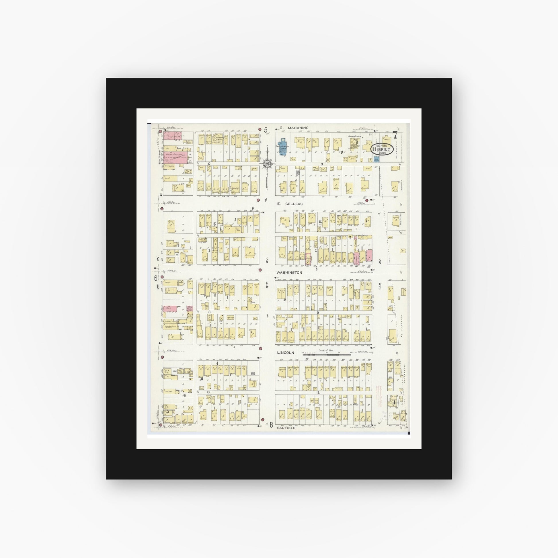 Old map wall art mockup — black gallery frame with white mat — Sanborn Fire Insurance Map from Hibbing, Saint Louis County, Minnesota (1913), Sheet #0007