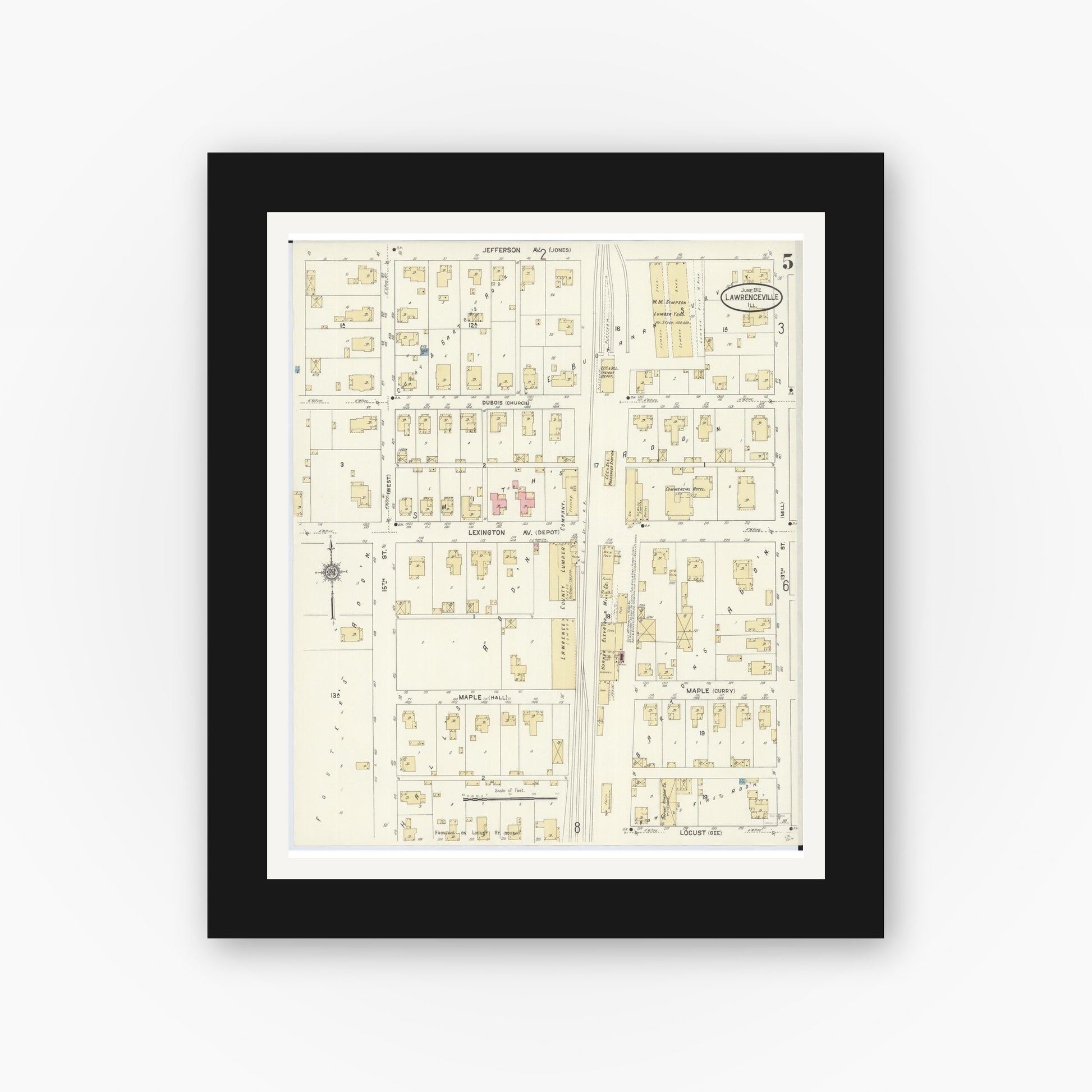 Old map wall art mockup — black gallery frame with white mat — Sanborn Fire Insurance Map from Lawrenceville, Lawrence County, Illinois (1912), Sheet #0005