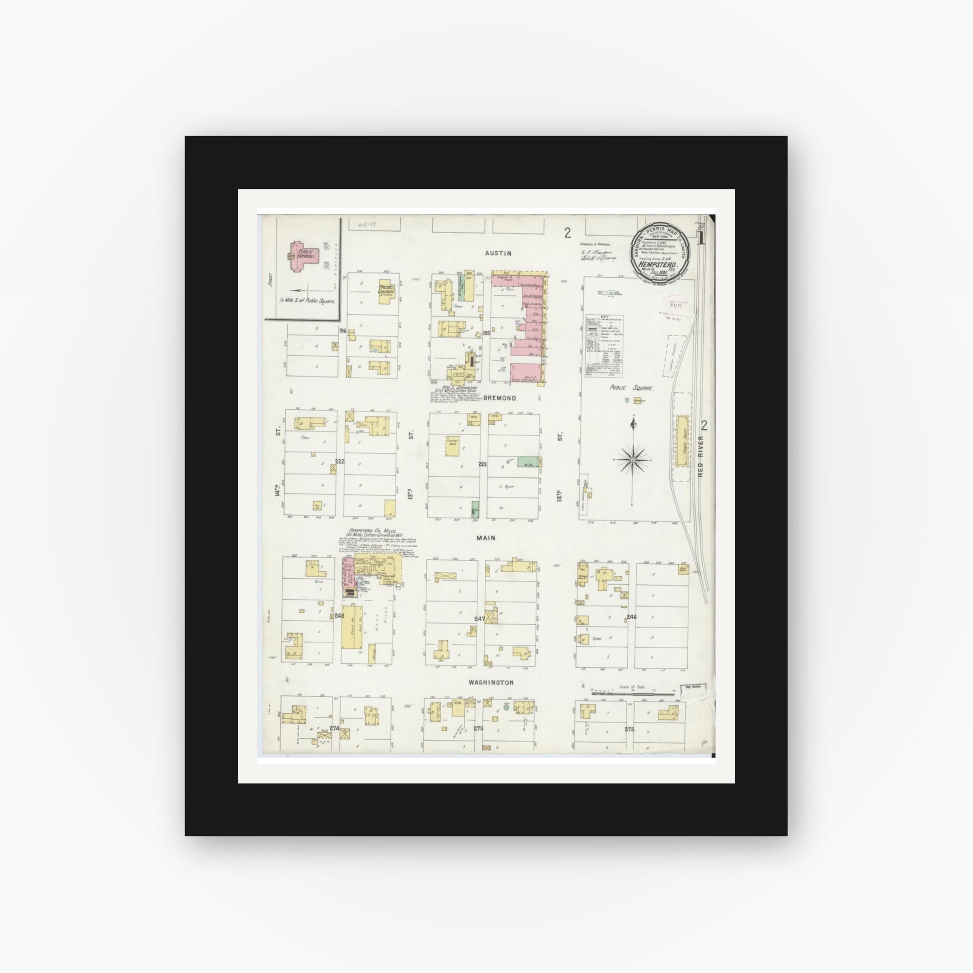 Old map wall art mockup — black gallery frame with white mat — Sanborn Fire Insurance Map from Hempstead, Waller County, Texas (1896) - Complete Map Set