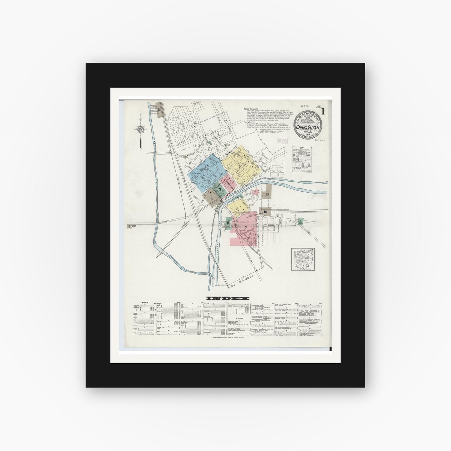 Old map wall art mockup — black gallery frame with white mat — Sanborn Fire Insurance Map from Canal Dover, Tuscarawas County, Ohio (1914) - Complete Map Set