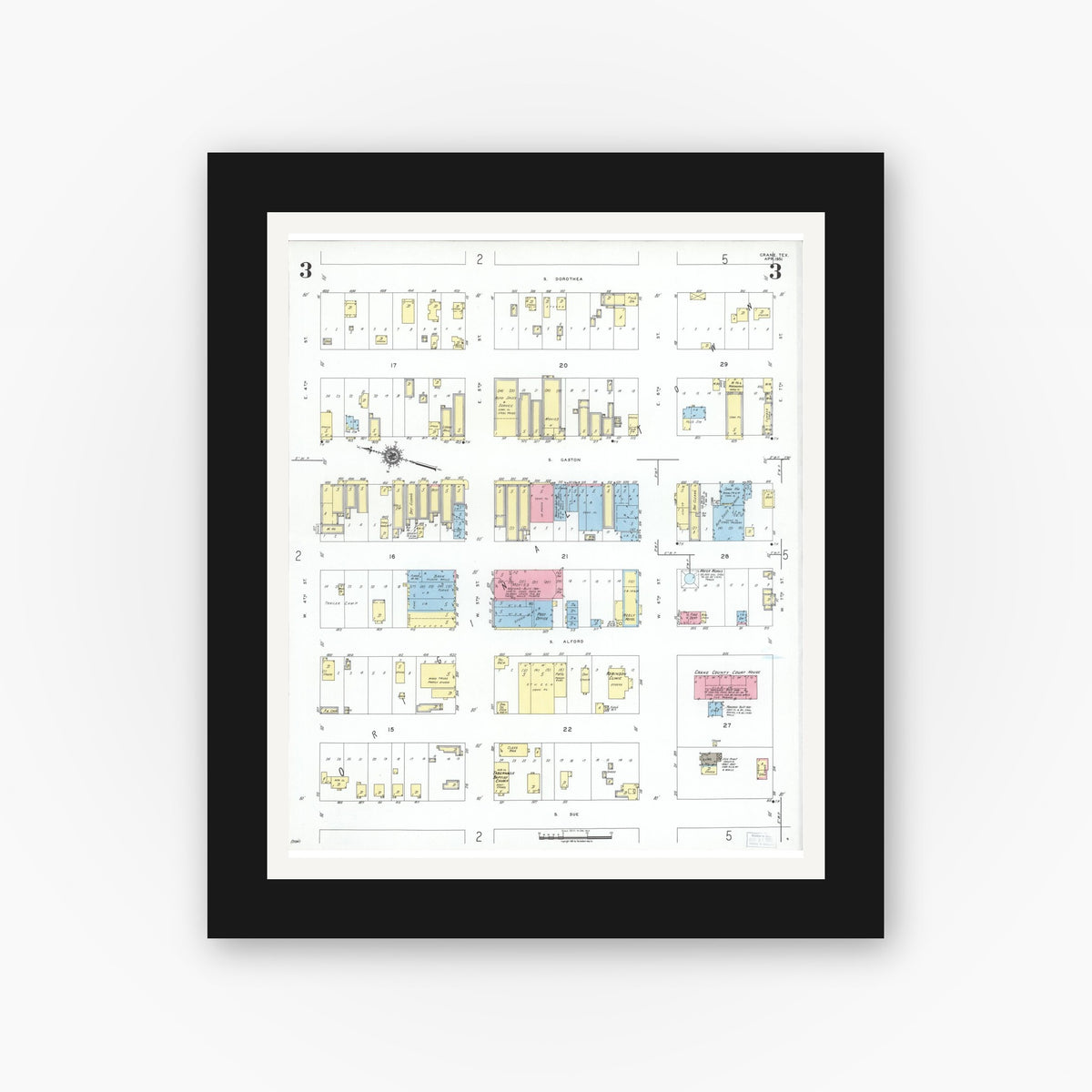 Old map wall art mockup — black gallery frame with white mat — Sanborn Fire Insurance Map from Crane, Crane County, Texas (1951), Sheet #0003