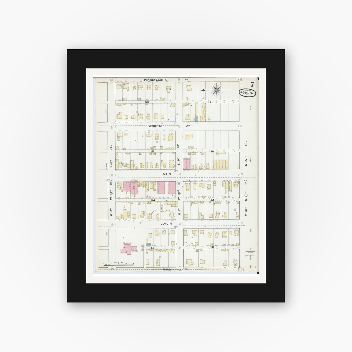 Old map wall art mockup — black gallery frame with white mat — Sanborn Fire Insurance Map from Joplin, Jasper County, Missouri (1891), Sheet #0007