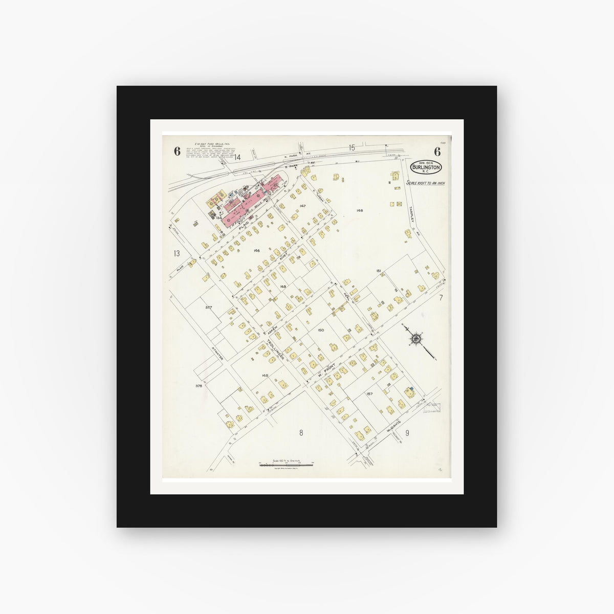 Old map wall art mockup — black gallery frame with white mat — Sanborn Fire Insurance Map from Burlington, Alamance County, North Carolina (1924), Sheet #0006
