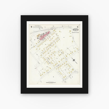 Old map wall art mockup — black gallery frame with white mat — Sanborn Fire Insurance Map from Burlington, Alamance County, North Carolina (1924), Sheet #0006