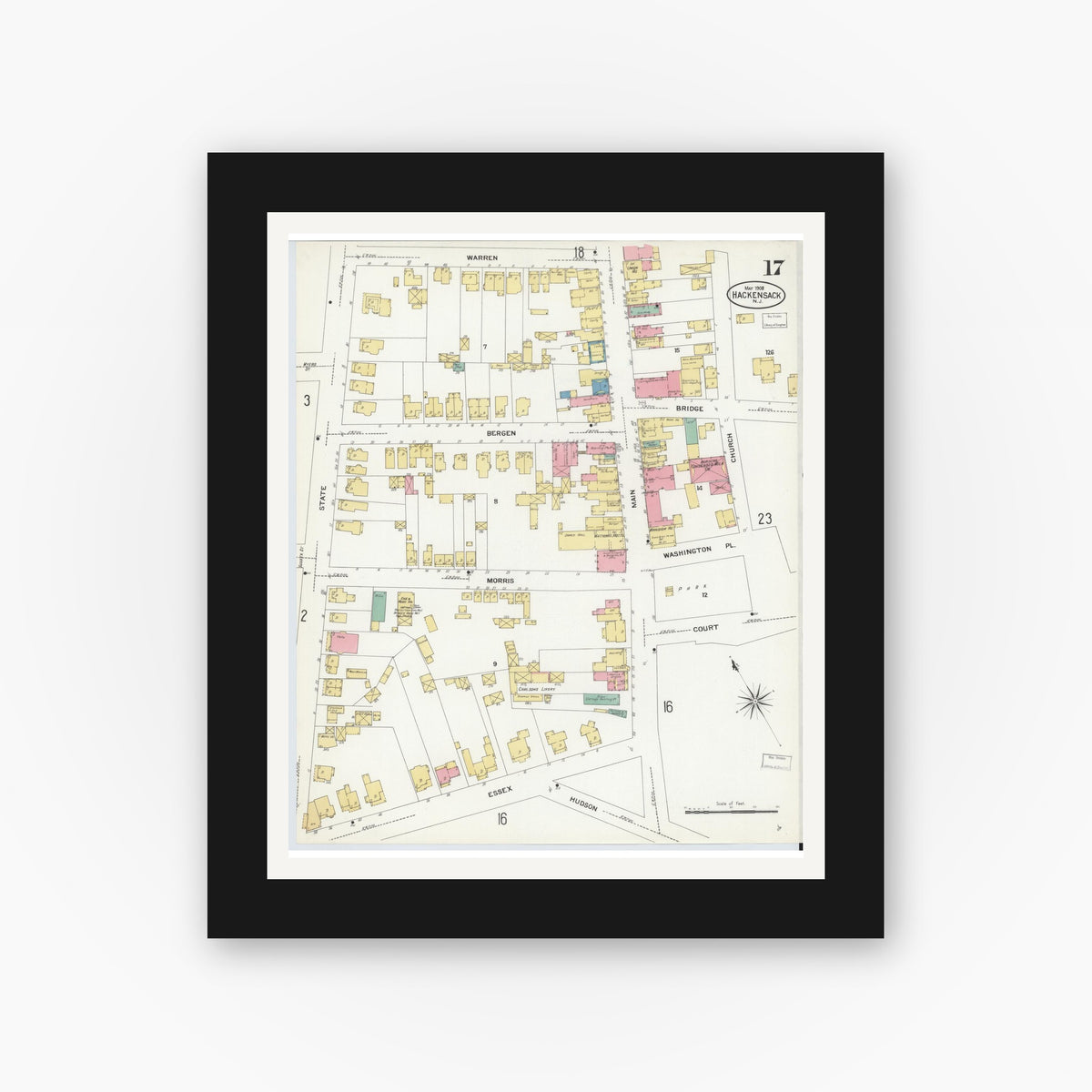 Old map wall art mockup — black gallery frame with white mat — Sanborn Fire Insurance Map from Hackensack, Bergen County, New Jersey (1908), Sheet #0017