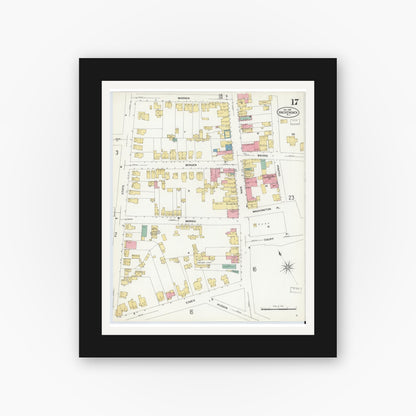 Old map wall art mockup — black gallery frame with white mat — Sanborn Fire Insurance Map from Hackensack, Bergen County, New Jersey (1908), Sheet #0017