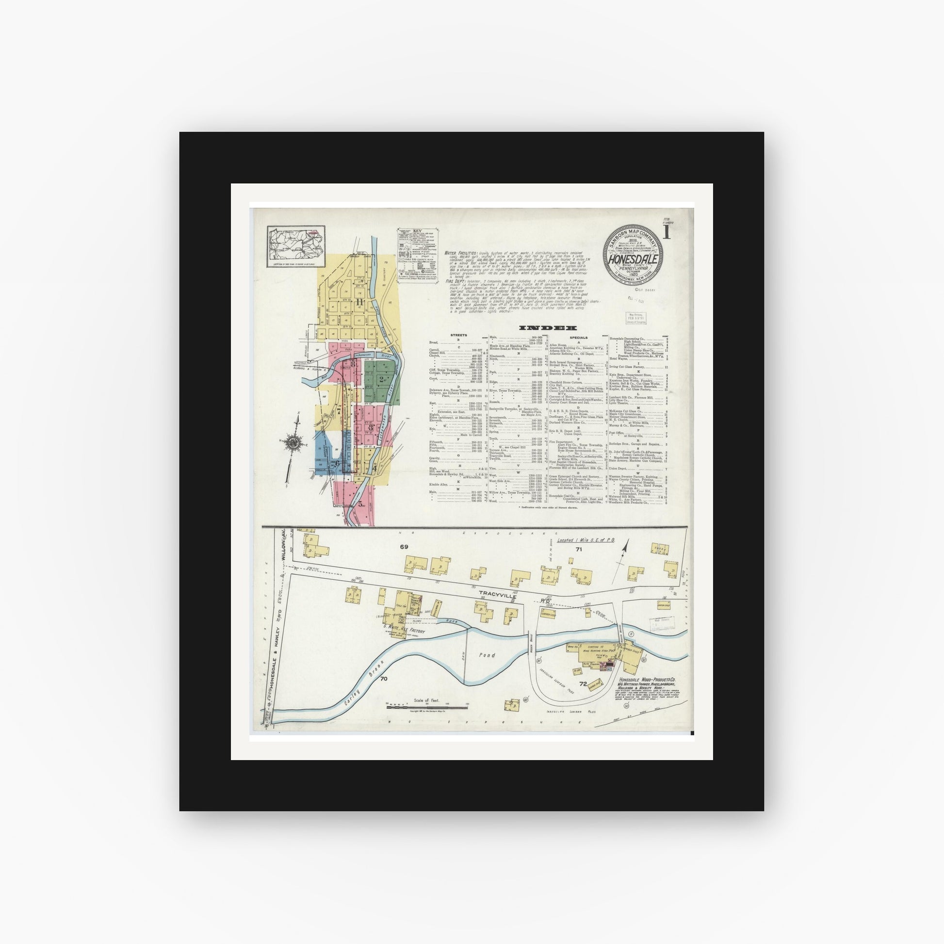 Old map wall art mockup — black gallery frame with white mat — Sanborn Fire Insurance Map from Honesdale, Wayne County, Pennsylvania (1920) - Complete Map Set