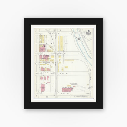 Old map wall art mockup — black gallery frame with white mat — Sanborn Fire Insurance Map from Hannibal, Marion County, Missouri (1913), Sheet #0012