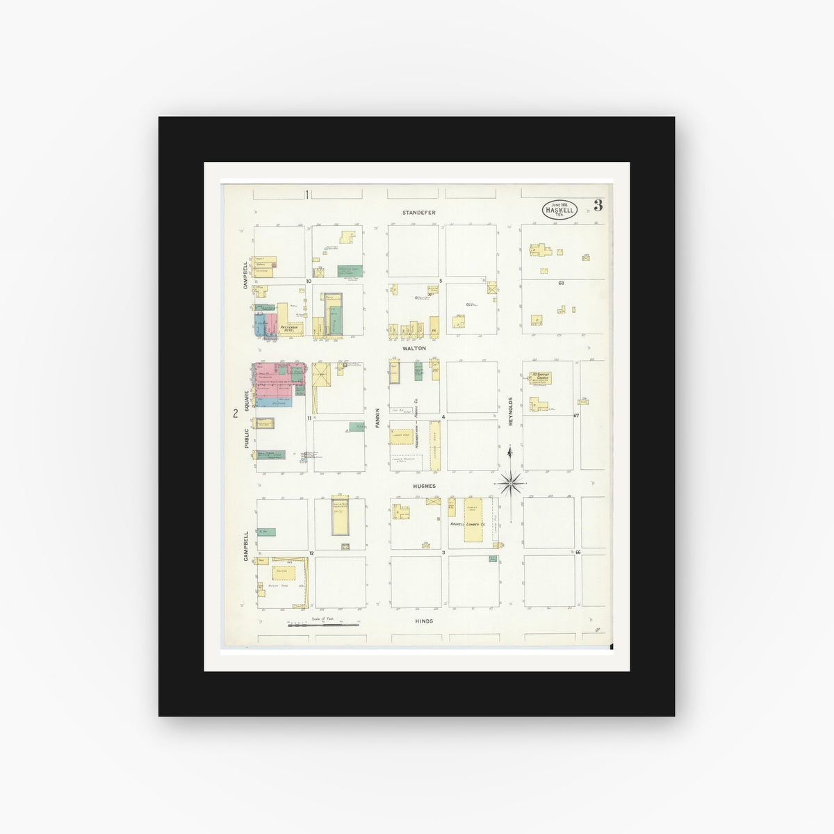 Old map wall art mockup — black gallery frame with white mat — Sanborn Fire Insurance Map from Haskell, Haskell County, Texas (1908), Sheet #0003
