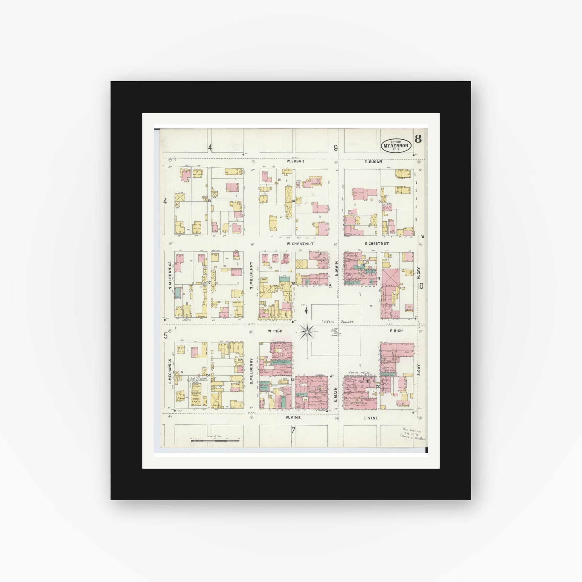 Old map wall art mockup — black gallery frame with white mat — Sanborn Fire Insurance Map from Mount Vernon, Knox County, Ohio (1897), Sheet #0008