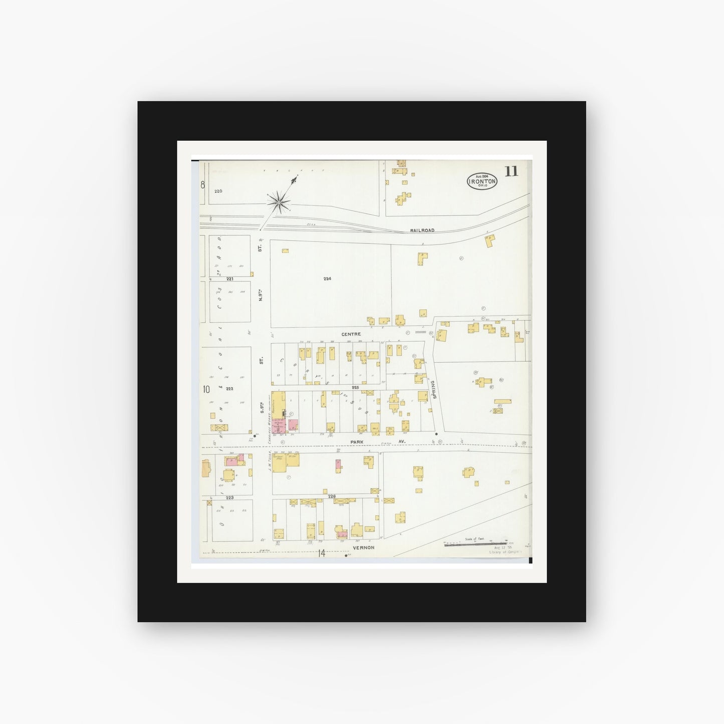 Old map wall art mockup — black gallery frame with white mat — Sanborn Fire Insurance Map from Ironton, Lawrence County, Ohio (1904), Sheet #0011