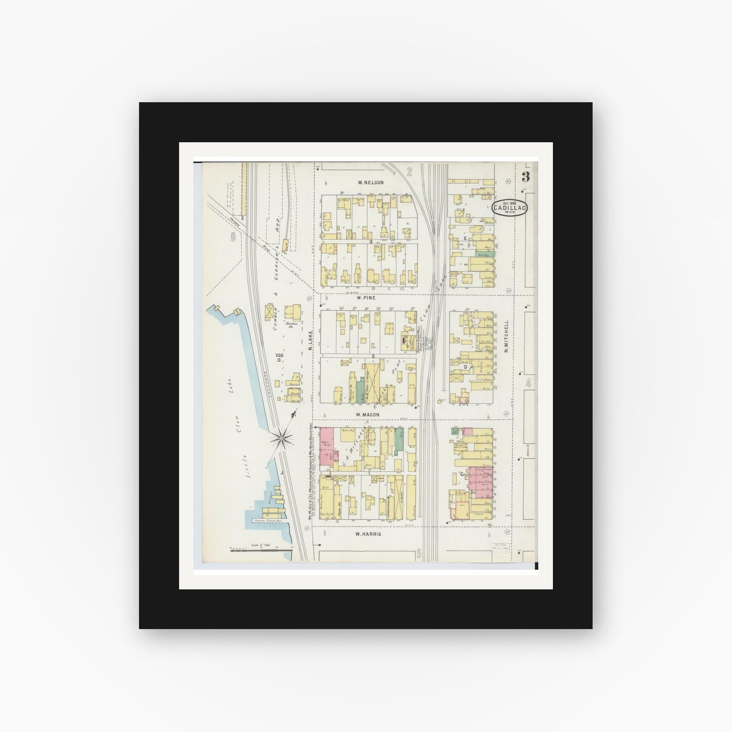 Old map wall art mockup — black gallery frame with white mat — Sanborn Fire Insurance Map from Cadillac, Wexford County, Michigan (1895), Sheet #0003