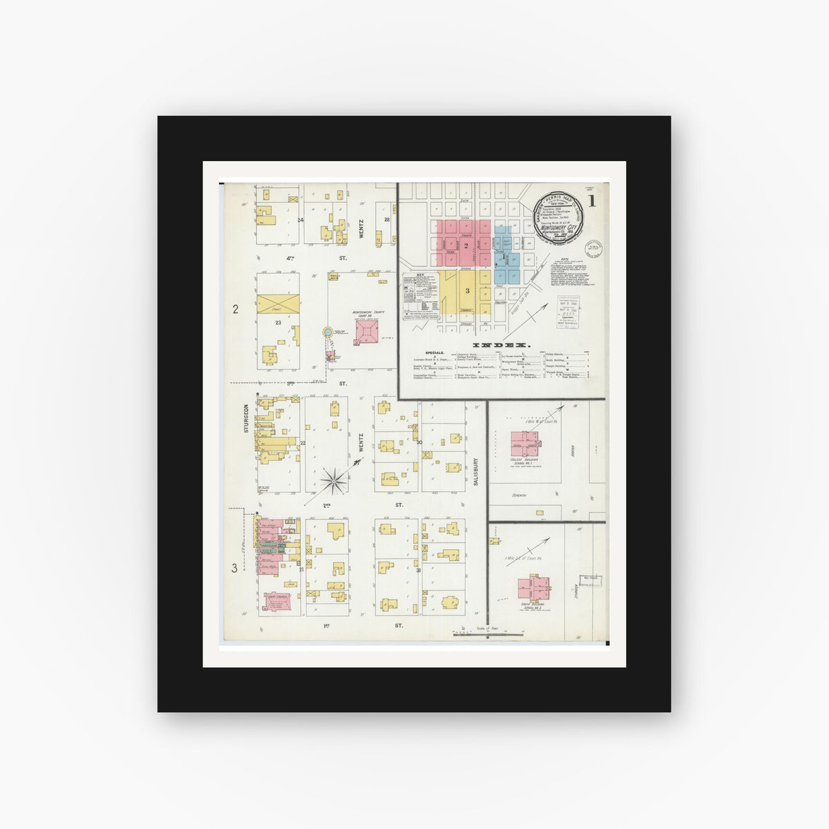 Old map wall art mockup — black gallery frame with white mat — Sanborn Fire Insurance Map from Montgomery City, Montgomery County, Missouri (1900), Sheet #0001