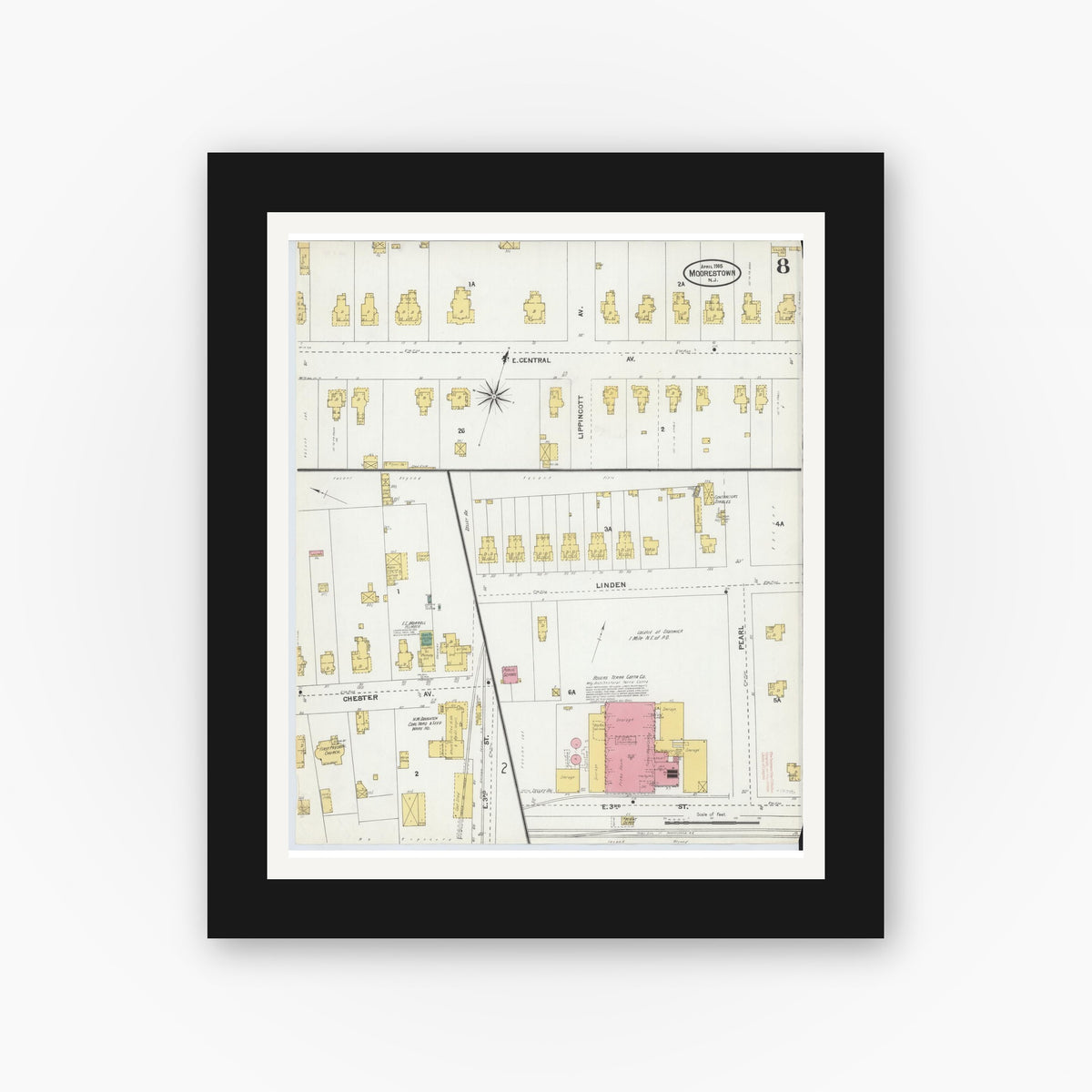 Old map wall art mockup — black gallery frame with white mat — Sanborn Fire Insurance Map from Moorestown, Burlington County, New Jersey (1905), Sheet #0008