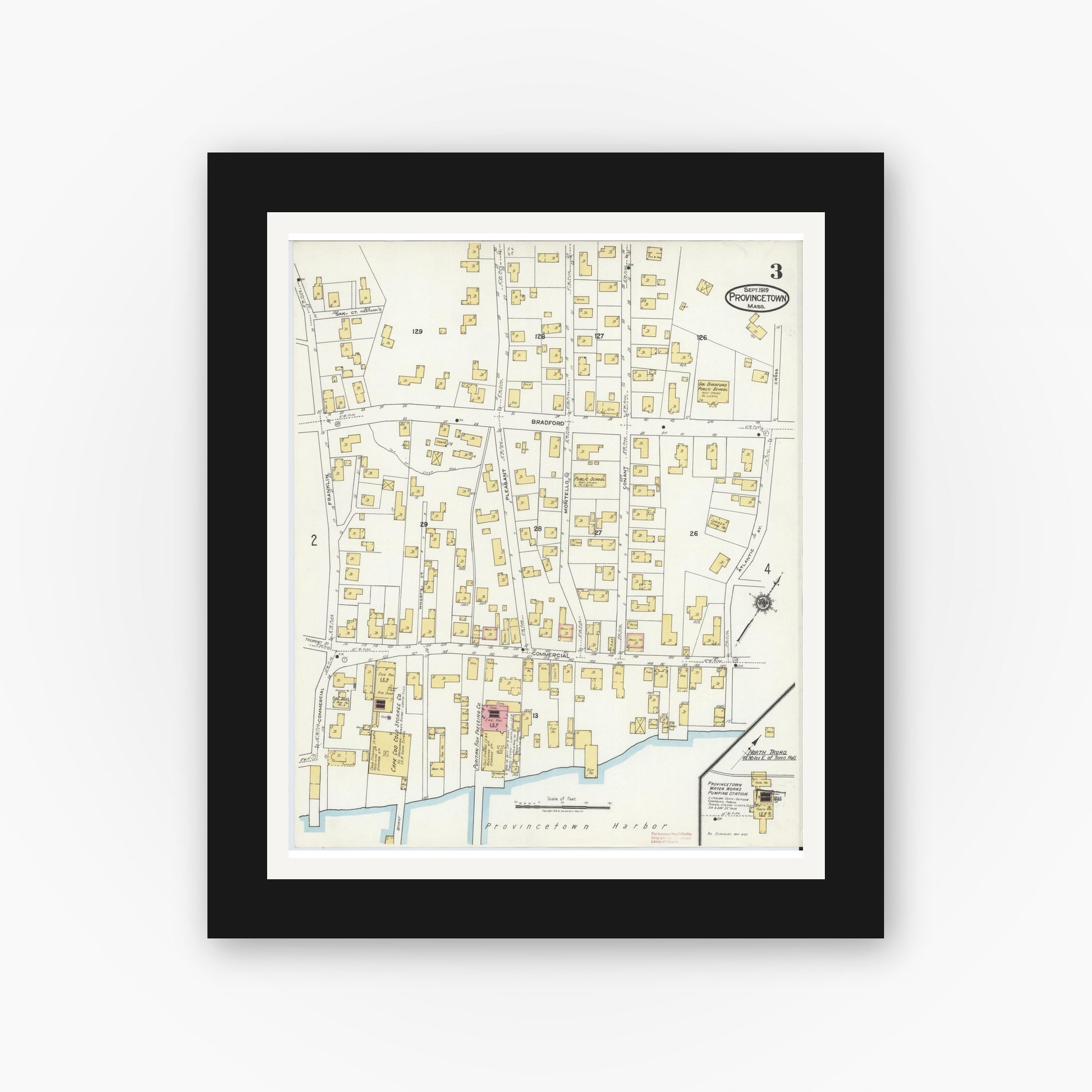 Old map wall art mockup — black gallery frame with white mat — Sanborn Fire Insurance Map from Provincetown, Barnstable County, Massachusetts (1919), Sheet #0003