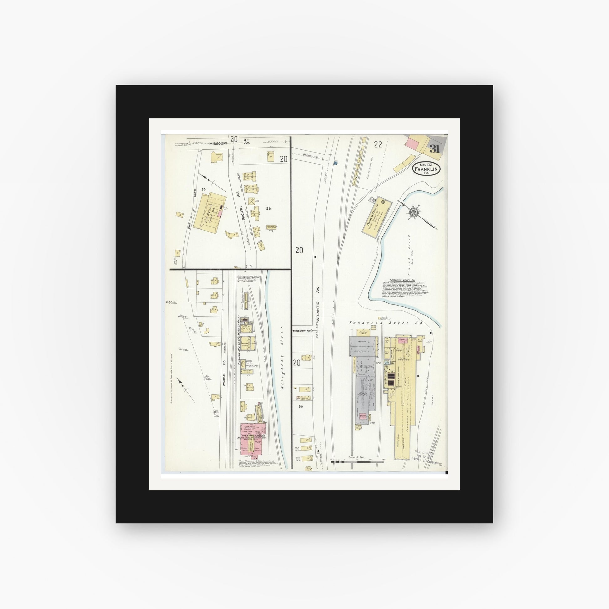 Old map wall art mockup — black gallery frame with white mat — Sanborn Fire Insurance Map from Franklin, Venango County, Pennsylvania (1912), Sheet #0031