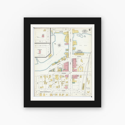 Old map wall art mockup — black gallery frame with white mat — Sanborn Fire Insurance Map from Lowell, Kent County, Michigan (1900), Sheet #0002