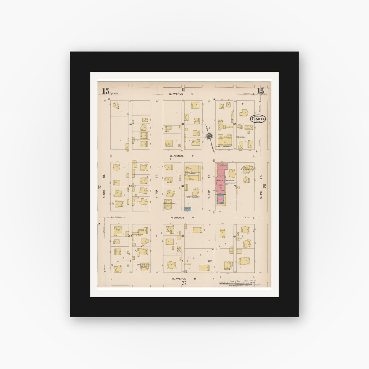 Old map wall art mockup — black gallery frame with white mat — Sanborn Fire Insurance Map from Temple, Bell County, Texas (1922), Sheet #0015