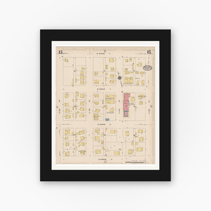 Old map wall art mockup — black gallery frame with white mat — Sanborn Fire Insurance Map from Temple, Bell County, Texas (1922), Sheet #0015