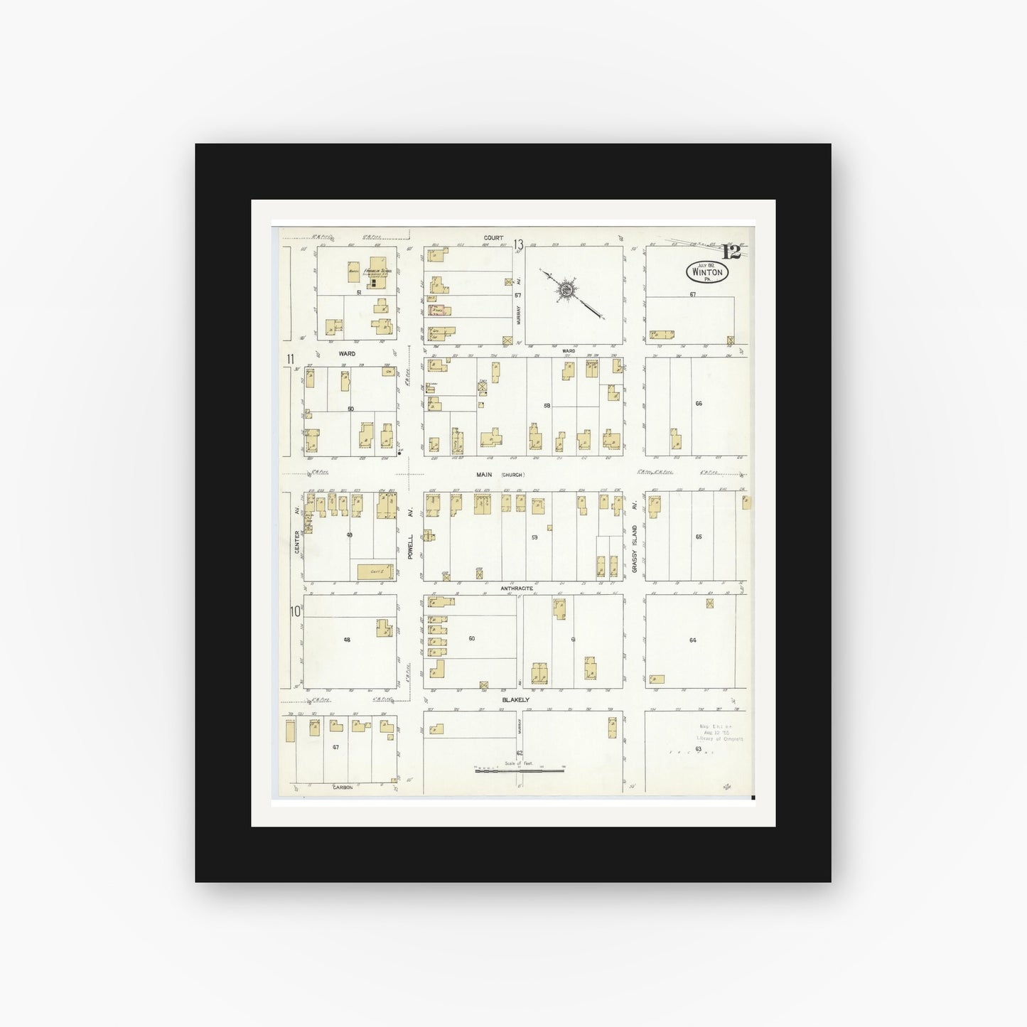 Old map wall art mockup — black gallery frame with white mat — Sanborn Fire Insurance Map from Winton, Lackawanna County, Pennsylvania (1912), Sheet #0012