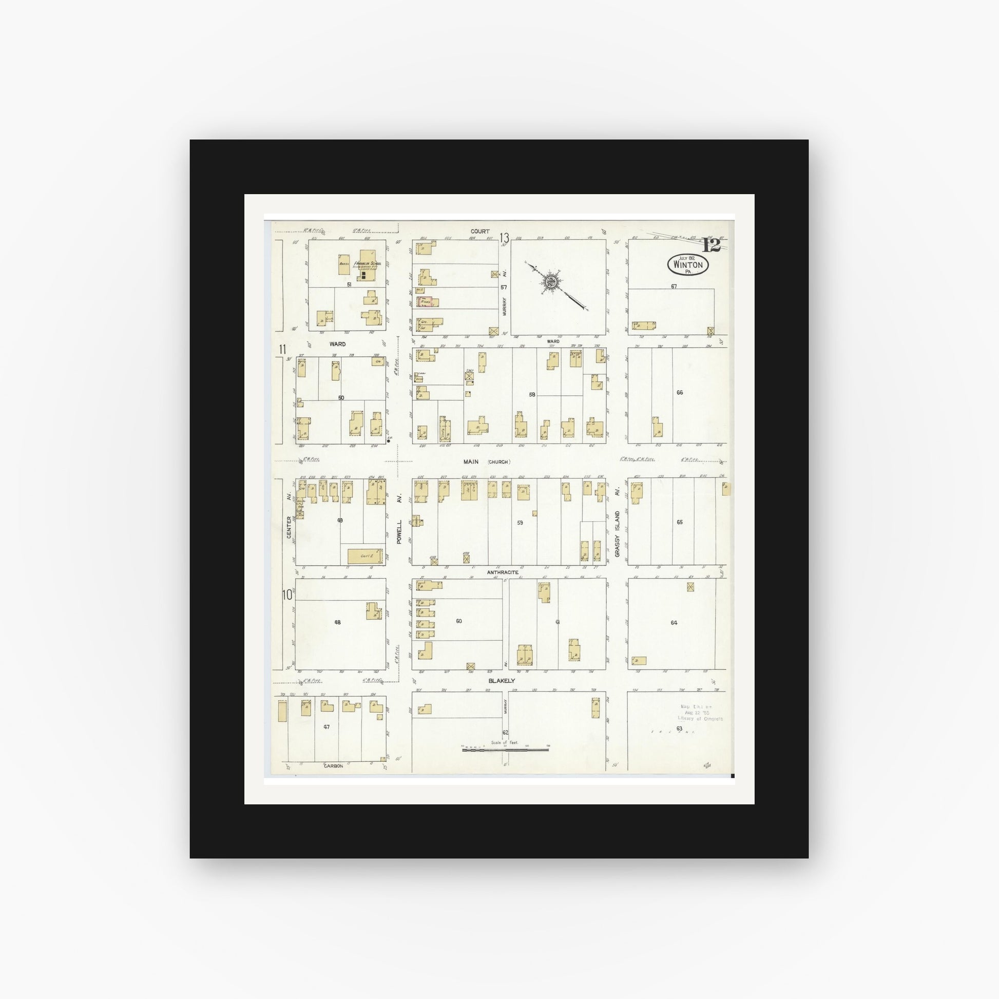 Old map wall art mockup — black gallery frame with white mat — Sanborn Fire Insurance Map from Winton, Lackawanna County, Pennsylvania (1912), Sheet #0012