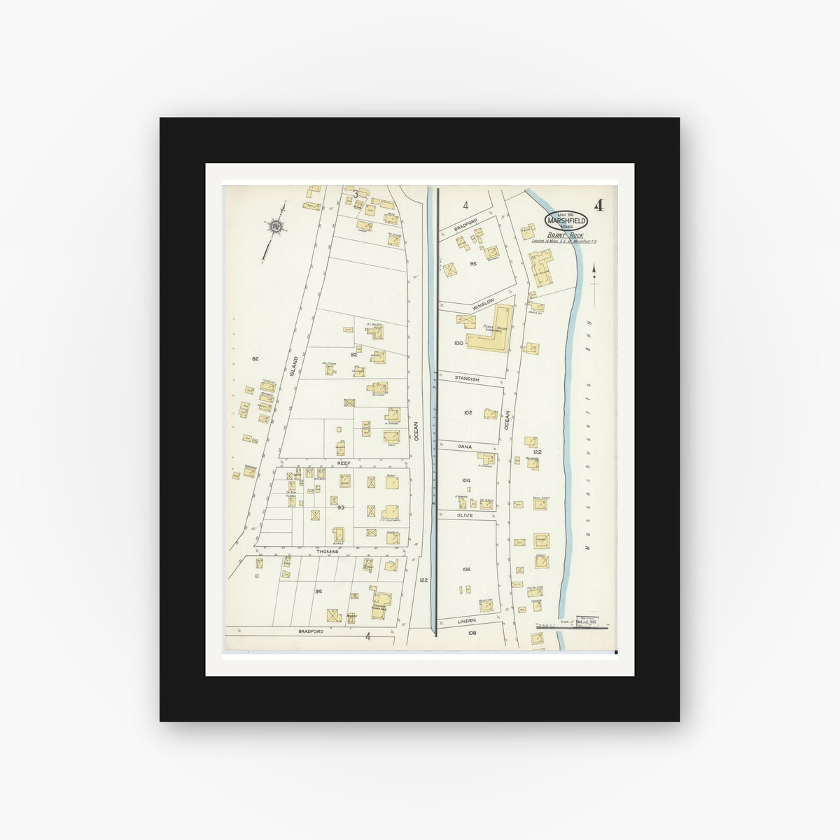 Old map wall art mockup — black gallery frame with white mat — Sanborn Fire Insurance Map from Marshfield, Plymouth County, Massachusetts (1916), Sheet #0004