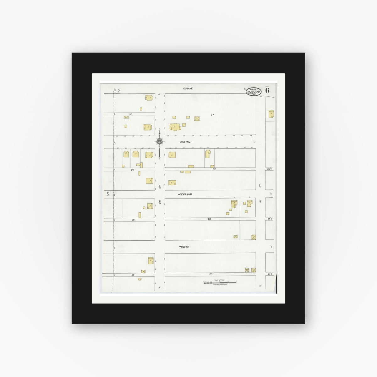 Old map wall art mockup — black gallery frame with white mat — Sanborn Fire Insurance Map from Mabank, Kaufman County, Texas (1921), Sheet #0006