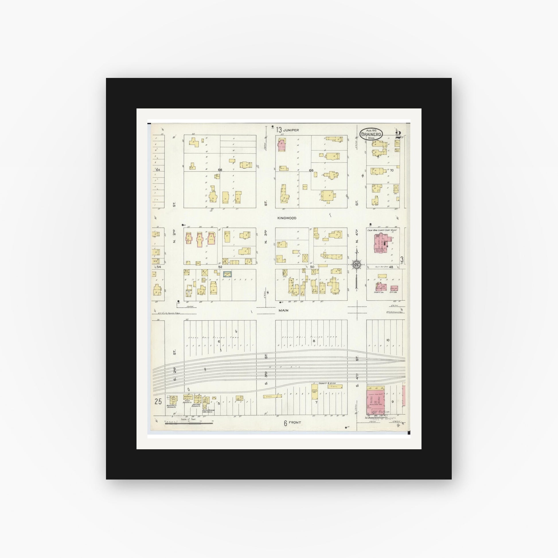 Old map wall art mockup — black gallery frame with white mat — Sanborn Fire Insurance Map from Brainerd, Crow Wing County, Minnesota (1913), Sheet #0002