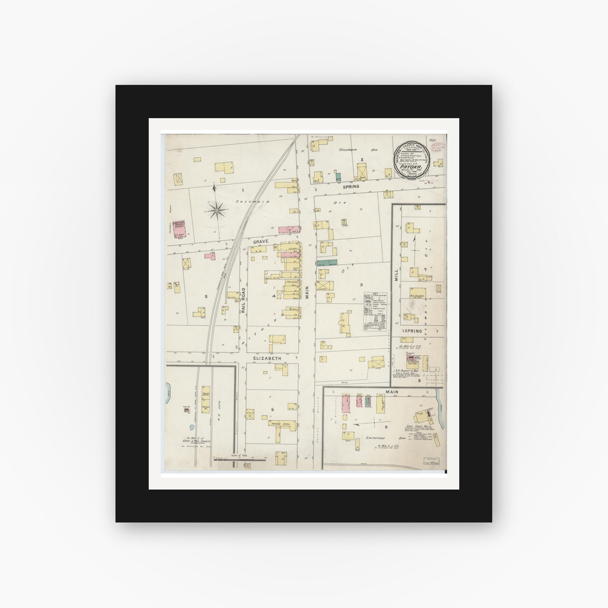 Old map wall art mockup — black gallery frame with white mat — Sanborn Fire Insurance Map from Patoka, Gibson County, Indiana (1895), Sheet #0001